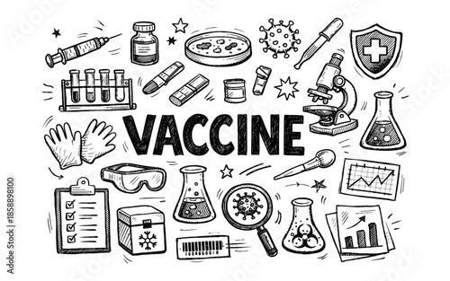 Hand-drawn doodle of vaccine research and development with medical equipment and virus
