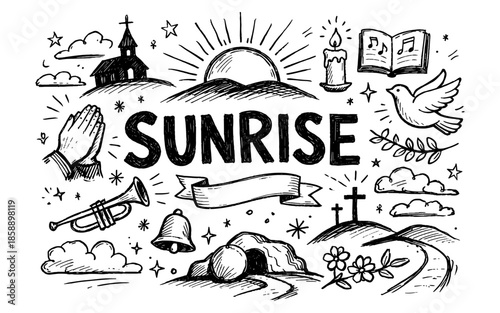 Doodle illustration of sunrise with religious symbols and elements