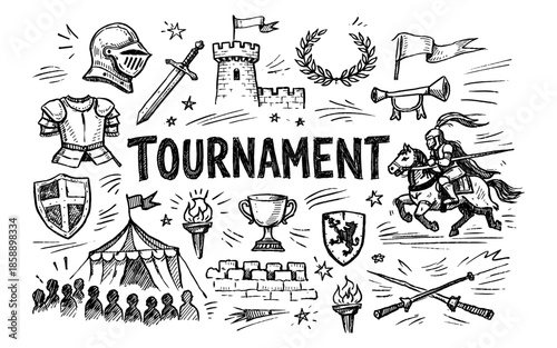 Medieval tournament doodles with knight, castle, armor, and trophy