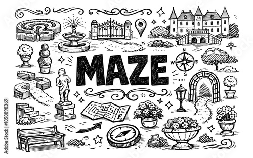 Doodle illustration of a maze garden with castle, fountain, and compass elements