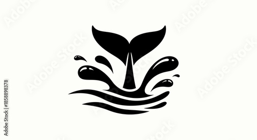 Whale tail emerging from ocean waves creating water splash silhouette.