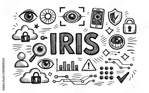 Doodle illustration of IRIS technology with security and data icons