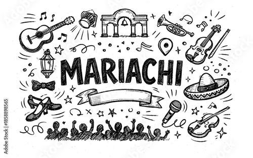 Hand-drawn illustration of mariachi music elements and festive symbols