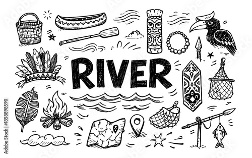Hand-drawn river life and indigenous cultural elements in a doodle art style