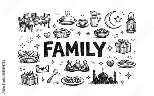 Doodle art celebrating family gatherings with food, gifts, and Islamic symbols
