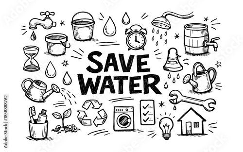 Save water campaign with hand-drawn icons promoting conservation and eco-friendly habits
