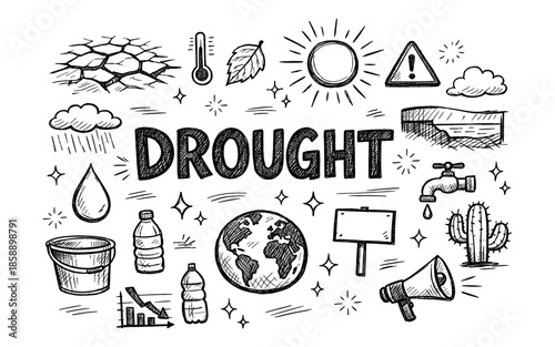 Drought concept illustration with dry cracked earth, sun, and water scarcity symbols