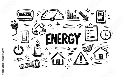 Hand-drawn doodles representing energy concepts like conservation and efficiency