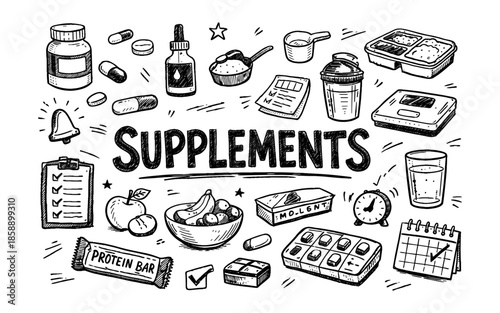 Hand-drawn illustration of various health supplements and fitness items for wellness