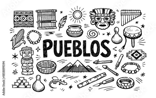 Doodle illustration of indigenous cultural symbols and artifacts from South America