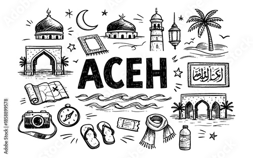 Doodle illustration of Aceh landmarks and travel essentials, hand-drawn style