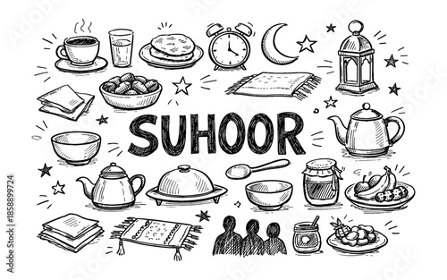 Doodle illustration of Suhoor meal items and Islamic symbols for Ramadan