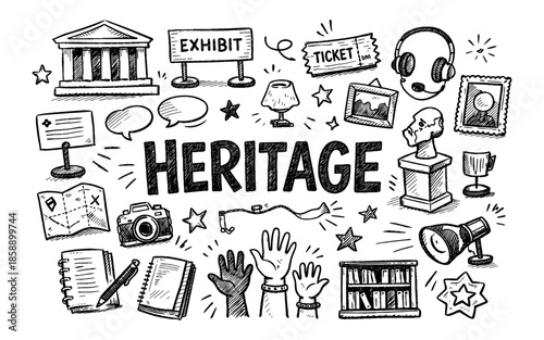 Doodle illustration of heritage museum elements and concepts in black and white