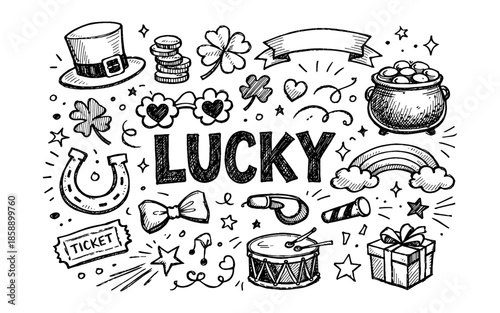 Collection of lucky symbols and elements in a doodle art style