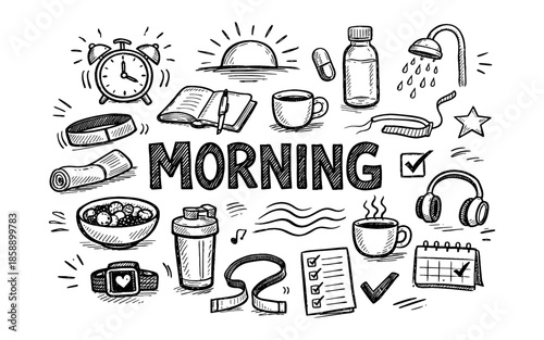 Hand-drawn doodle collage of morning routine elements and activities