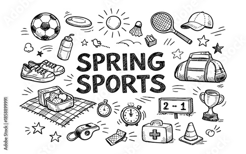 Doodle illustration of spring sports equipment and activities with "SPRING SPORTS" text