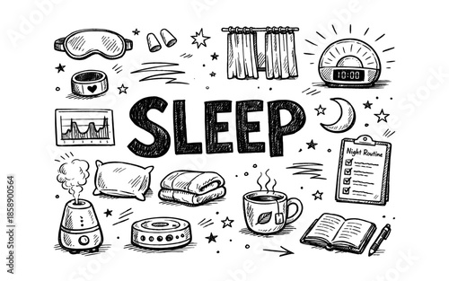 Doodle illustration of sleep essentials and routine elements for a good night's rest