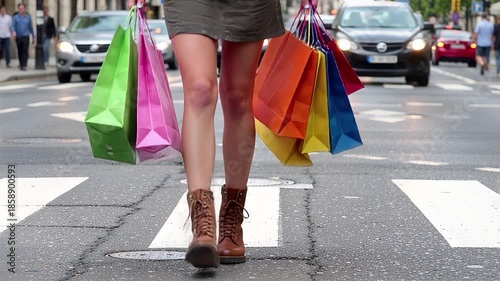 colorful bags and boots: joyful city stroll with pedestrian and blurred traffic | fashion, lifestyle, retail, travel, urban theme