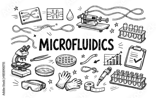 Doodle illustration of microfluidics lab equipment and concepts with text