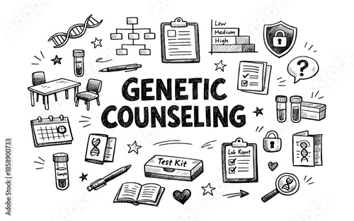 Genetic counseling concept with DNA helix, test tubes, and medical icons