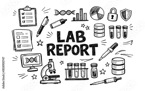 Doodle style illustration of lab report elements and scientific research icons