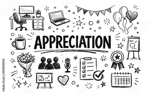 Doodle style illustration of appreciation with office and celebration elements