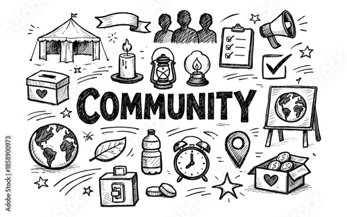 Doodle illustration of community symbols and elements with the word community