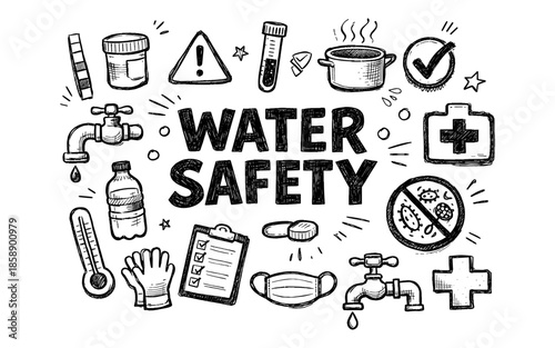 Water safety icons and illustrations promoting health and hygiene practices