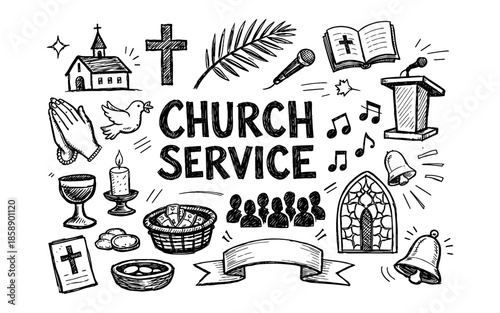 Doodle illustration of church service elements with text and symbols