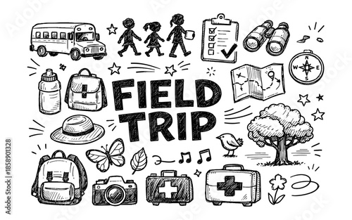 Doodle illustration of a field trip with school bus, backpacks, and nature elements