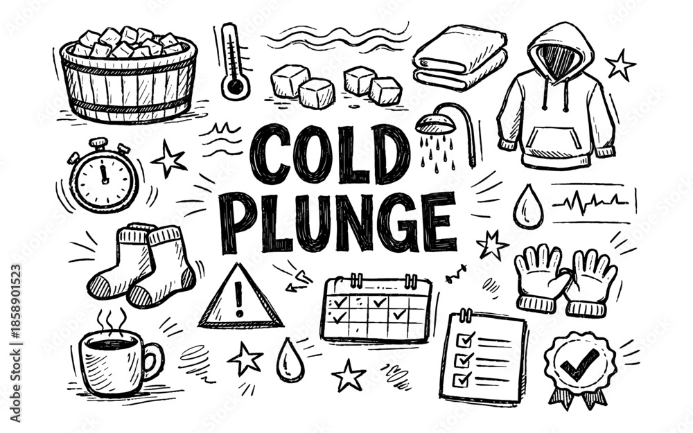 Fototapeta premium Cold plunge benefits and preparation illustrated with hand-drawn doodles