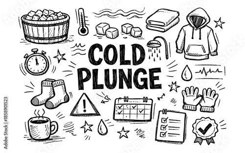 Cold plunge benefits and preparation illustrated with hand-drawn doodles