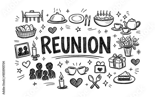 Hand-drawn doodle illustration celebrating a family reunion with festive elements