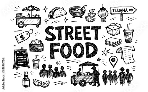 Hand-drawn street food icons and text on a white background