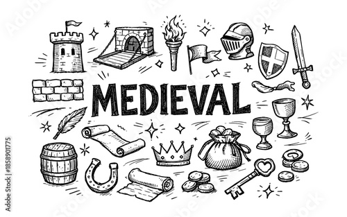 Collection of hand-drawn medieval icons and symbols in a doodle art style