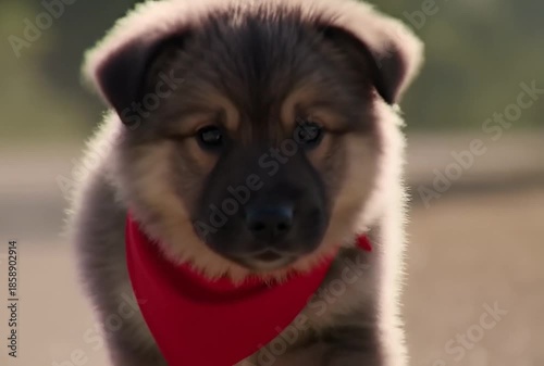 Adorable puppy wearing red bandana walking on road outdoors