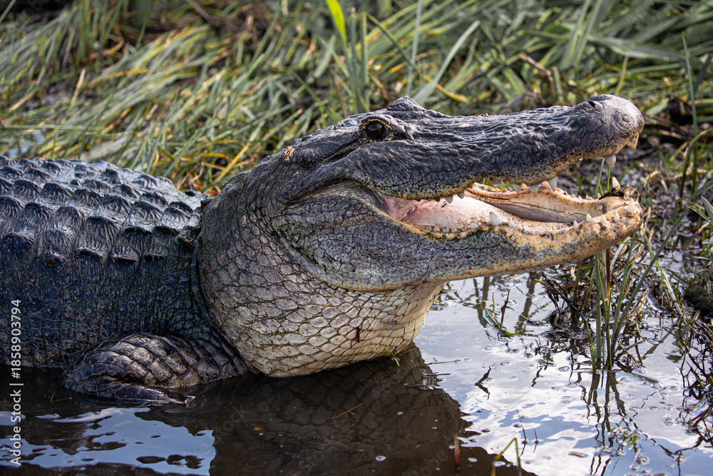Fototapeta premium Alligators in Jean Lafitte swamp Louisiana wildlife in bayou waters