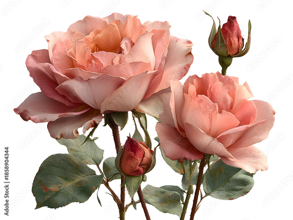 Fototapeta premium Three pastel pink rose flowers and buds isolated transparent png