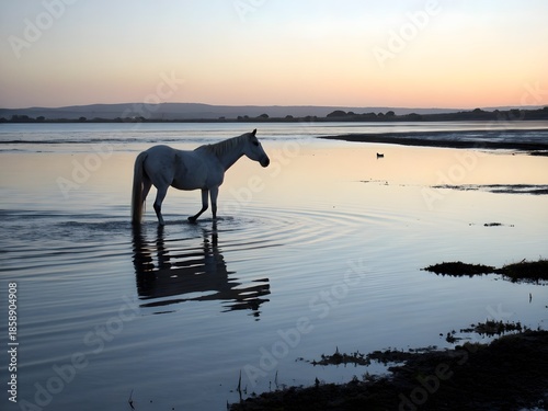 White Horse Walking Through Shallow Water