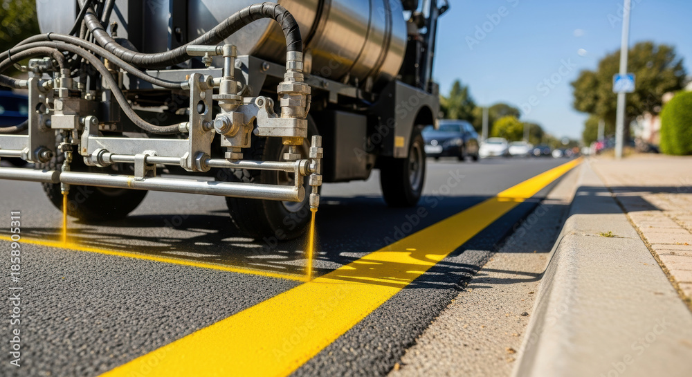 Fototapeta premium Fresh bright yellow traffic lane marking painted on asphalt road by line striping machine in urban street with passing cars safety maintenance and roadway construction