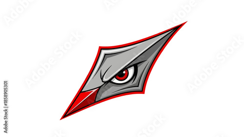 A futuristic eye with a red iris and sharp metallic edges is depicted in a modern illustration.