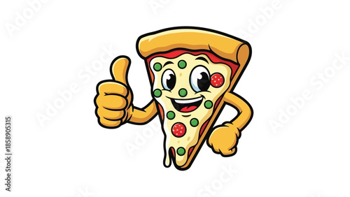 A cartoon pizza slice character giving a thumbs up with a happy face