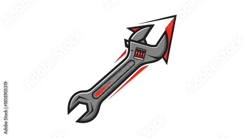 A wrench transformed into a sharp arrow, symbolizing precision and power, set against a plain white background.