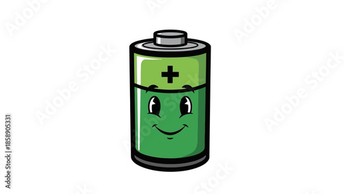 A cartoon battery with a smiling face and a plus sign on its green body is illustrated on a white background