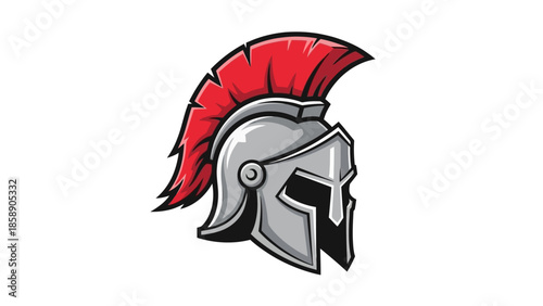 Illustration of a silver helmet with a red plume on a white background