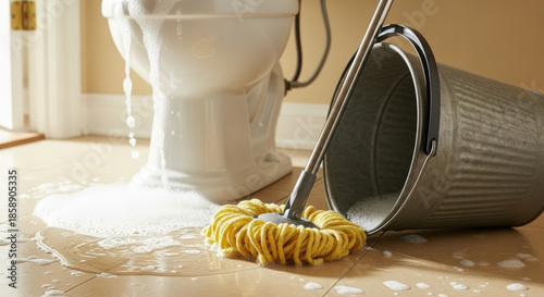 Overflowing toilet with soapy water flooding bathroom floor as yellow mop and metal bucket sit nearby during home cleaning emergency and household plumbing problem