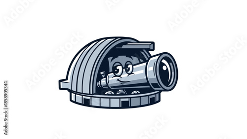 A cartoon camera lens with a smiling face is positioned inside a camera body on a white background illustration