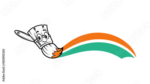 A paintbrush character flying with an Indian flag waving in the background