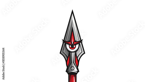 Illustration of a red and silver spear head with a pointed tip and red accents on a white background from a front viewpoint