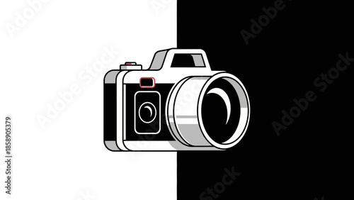 A camera is depicted in a graphic illustration against a split black and white background